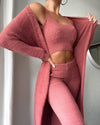 Women's Suit Sexy V-neck Short Crop Top Cardigan Sweater Trousers Three-piece Set