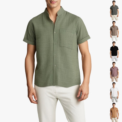 Solid-color Short-sleeved Lapel Shirt Summer Breathable Cotton And Linen Top Mens Clothing